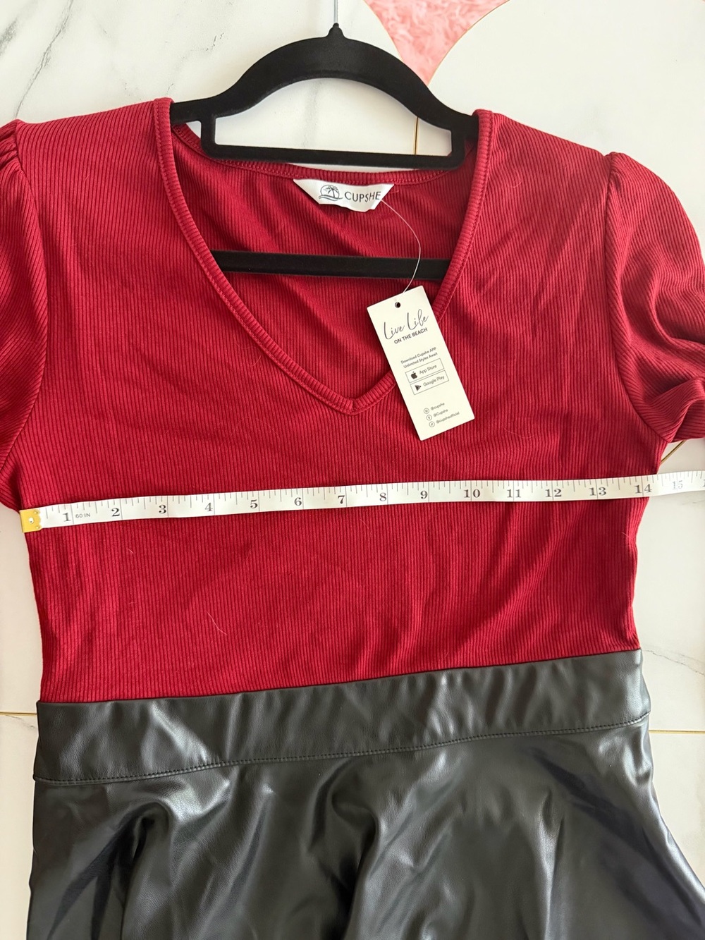 Cupshe Red V-Neck Long Sleeve Dress with Black Faux Leather Skirt - Picture 4 of 5